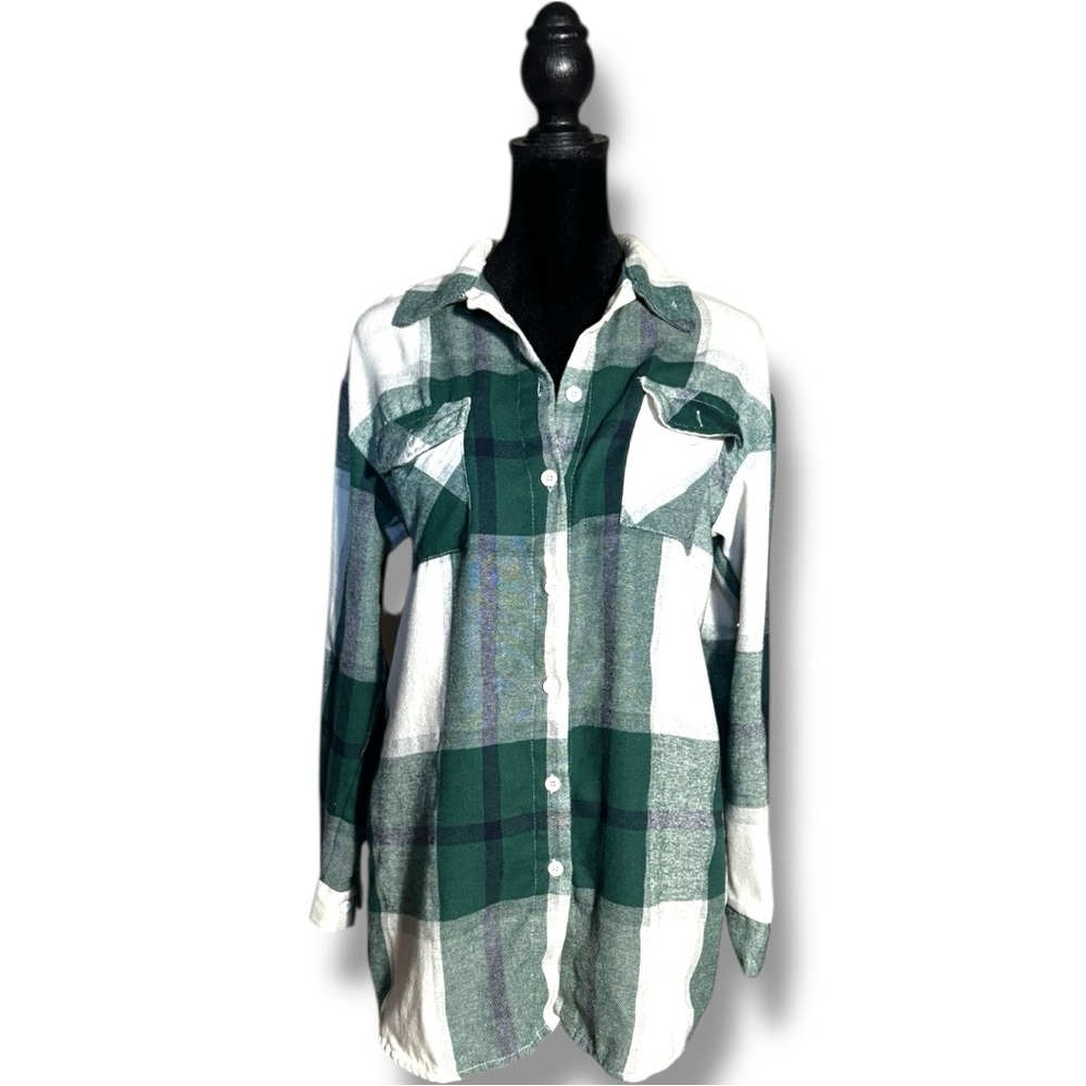 Shein Plaid Flannel Green and White Button-Up Womens Long Sleeve Shirt